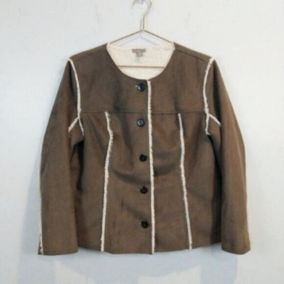 J. Jill Faux Suede fur Button Front Coat Jacket Brown Cream - Picture 2 of 7